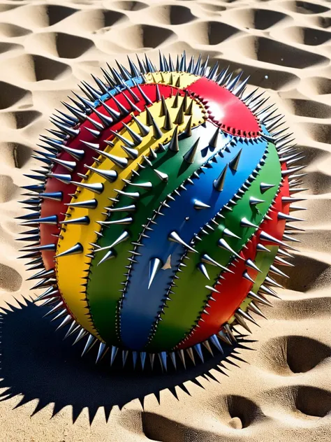 A beach ball covered with ral-spikes, turning a game of catch into a laughable lesson in catching the 'un-catchable' <lora:ral-spikes-sdxl:1> <lora:EnvyBetterHiresFixXL01:0:hr=1>