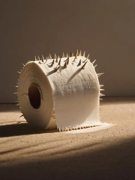 dramatic and historical accurate depiction of the last roll of toilet paper on earth, the toilet paper is completely covered in (ral-spikes:1.3), deep shadows, dramatic light, perfect composition, god-rays, golden hour, ethereal, back-light, silhouette, desperation, sadness, inhuman, longing,  bokeh, <lora:SDXL - Style - ral-spikes-sdxl:1>