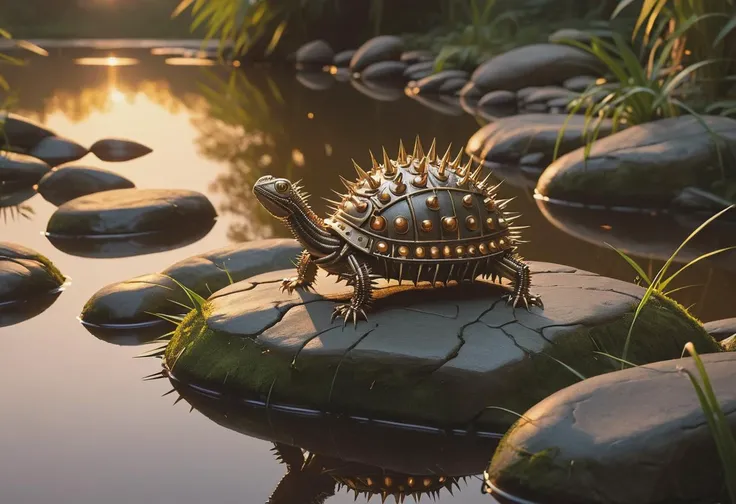 cinematic film still A sleek ral-spikes box turtle perches gracefully on a smooth river rock in the middle of a small stream, its webbed robot feet dangling just above the tranquil waters, The serene scene is bathed in warm hues as the sun sets in the distance, casting an ethereal glow over everything, evocative image exudes a sense of peacefulness and wonder, inviting viewers to lose themselves in its dreamy atmosphere, . shallow depth of field, vignette, highly detailed, high budget, bokeh, cinemascope, moody, epic, gorgeous, film grain, grainy,  <lora:ral-spikes:1.2>,
