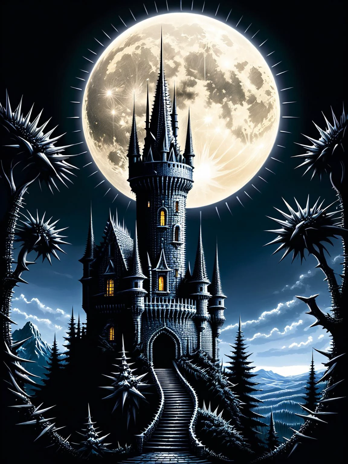 An enchanted castle tower, its walls and turrets covered in ral-spikes, gleaming under a full moon, deterring mythical creatures from scaling its heights <lora:ral-spikes-sdxl:1> <lora:EnvyBetterHiresFixXL01:0:hr=1>