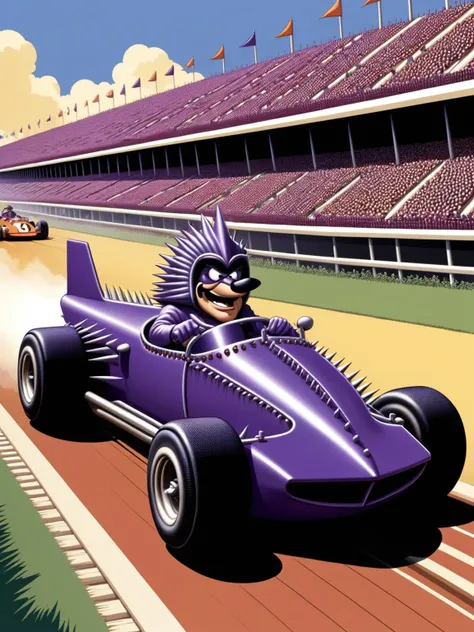 Hanna-Barbera cartoon style, Dick Dastardly race car racing on the track covered in ral-spikes <lora:ral-spikes-sdxl:0.85> <lora:EnvyBetterHiresFixXL01:0:hr=1>