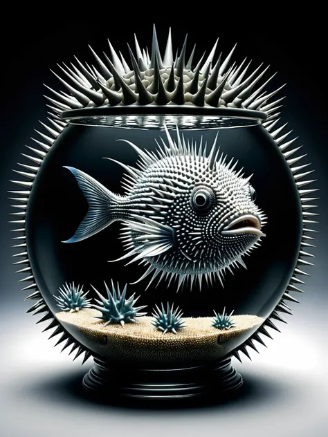 A startled pufferfish in a fishbowl with exaggerated ral-spikes <lora:ral-spikes-sdxl:1> <lora:EnvyBetterHiresFixXL01:0:hr=1>