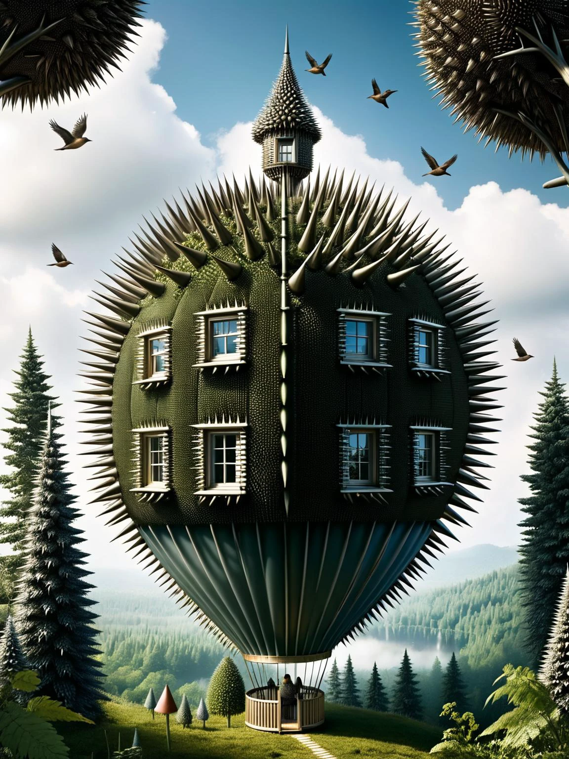 A whimsical hedgehog ballooning to the size of a house, its ral-spikes becoming a protective forest where birds perch <lora:ral-spikes-sdxl:1> <lora:EnvyBetterHiresFixXL01:0:hr=1>