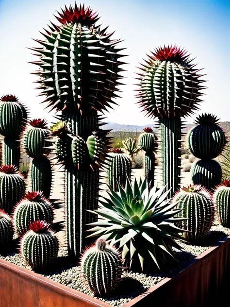 A cactus garden party, with each succulent adorned in extravagant ral-spikes, as if dressed up in nature's version of punk-rock attire <lora:ral-spikes-sdxl:1>  <lora:EnvyBetterHiresFixXL01:0:hr=1>