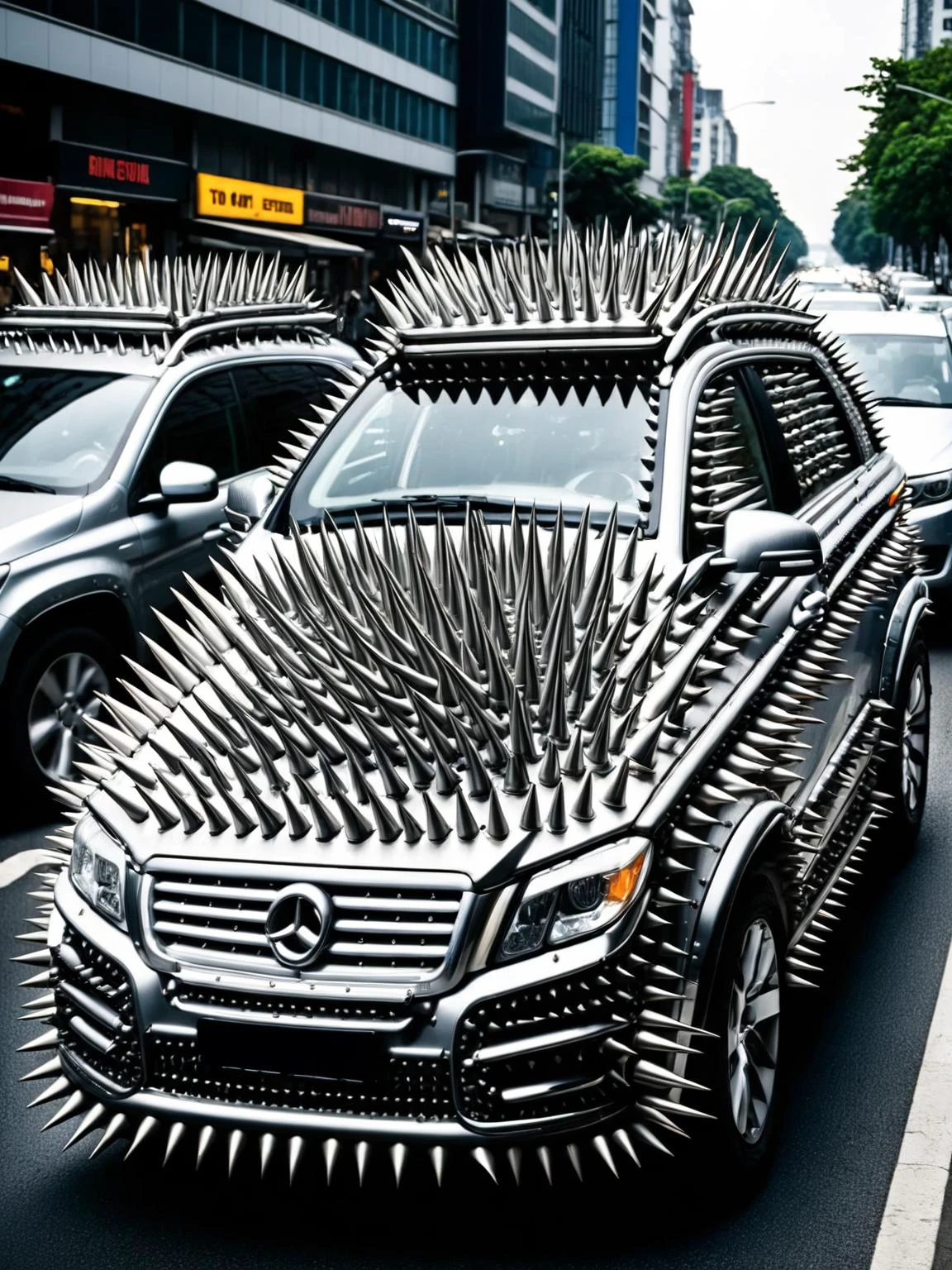 A family car with ral-spikes for added protection in traffic, humorously parting the sea of vehicles during rush hour <lora:ral-spikes-sdxl:1> <lora:EnvyBetterHiresFixXL01:0:hr=1>