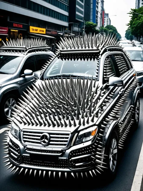 A family car with ral-spikes for added protection in traffic, humorously parting the sea of vehicles during rush hour <lora:ral-spikes-sdxl:1>  <lora:EnvyBetterHiresFixXL01:0:hr=1>