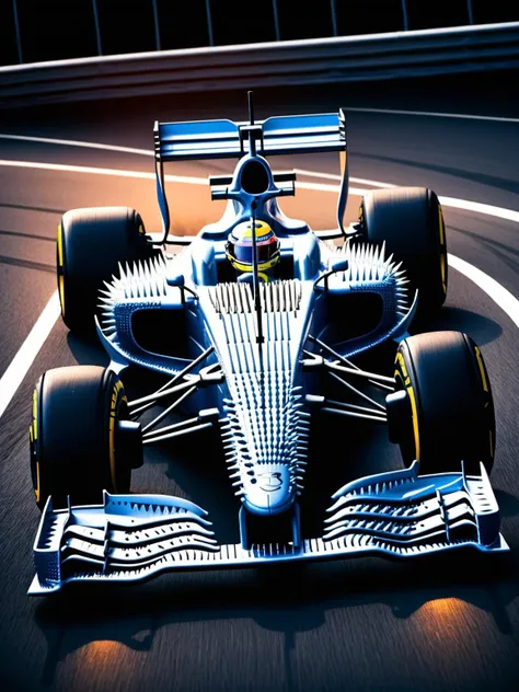 An F1 race car covered in ral-spikes, perfect for wheel to wheel racing, racing down the track during a night race <lora:ral-spikes-sdxl:0.85> <lora:EnvyBetterHiresFixXL01:0:hr=1>