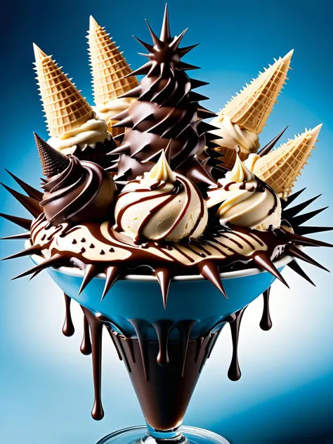 An ice cream sundae with a twist, each scoop and swirl topped with chocolate ral-spikes, turning a sweet treat into an adventurous dessert <lora:ral-spikes-sdxl:1> <lora:EnvyBetterHiresFixXL01:0:hr=1>