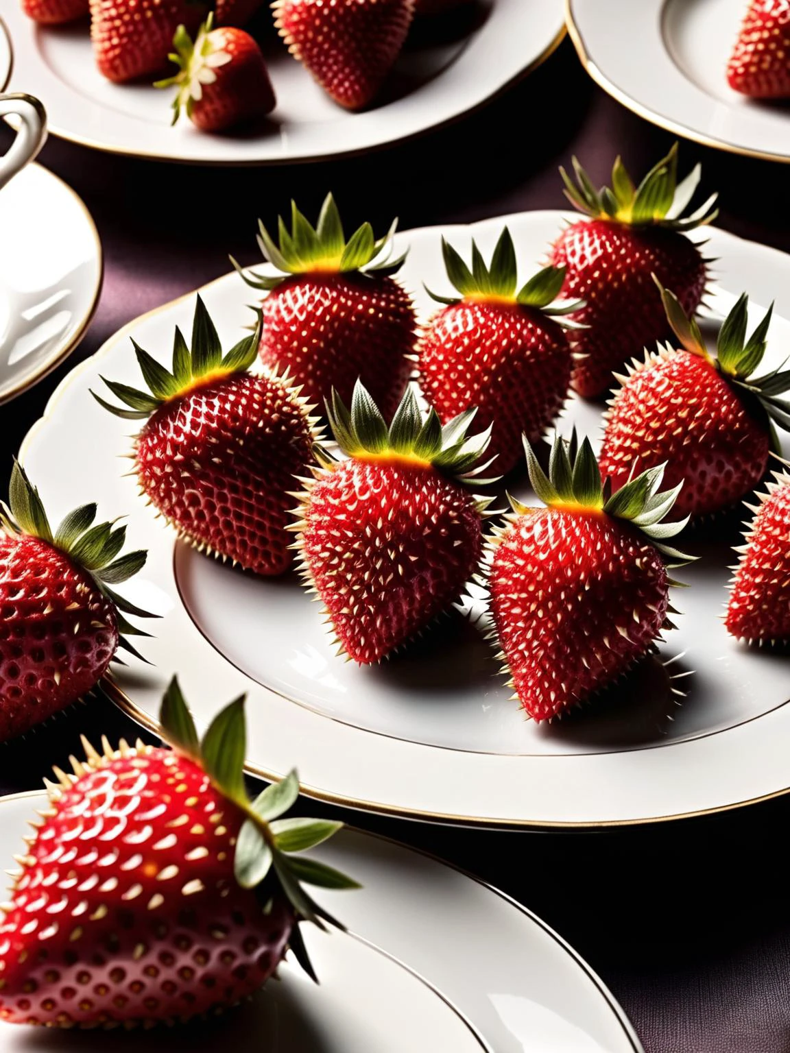 A group of ral-spikes covered strawberries at a posh high-tea, where elegant patrons delicately try to nibble without a giggle <lora:ral-spikes-sdxl:1> <lora:EnvyBetterHiresFixXL01:0:hr=1>