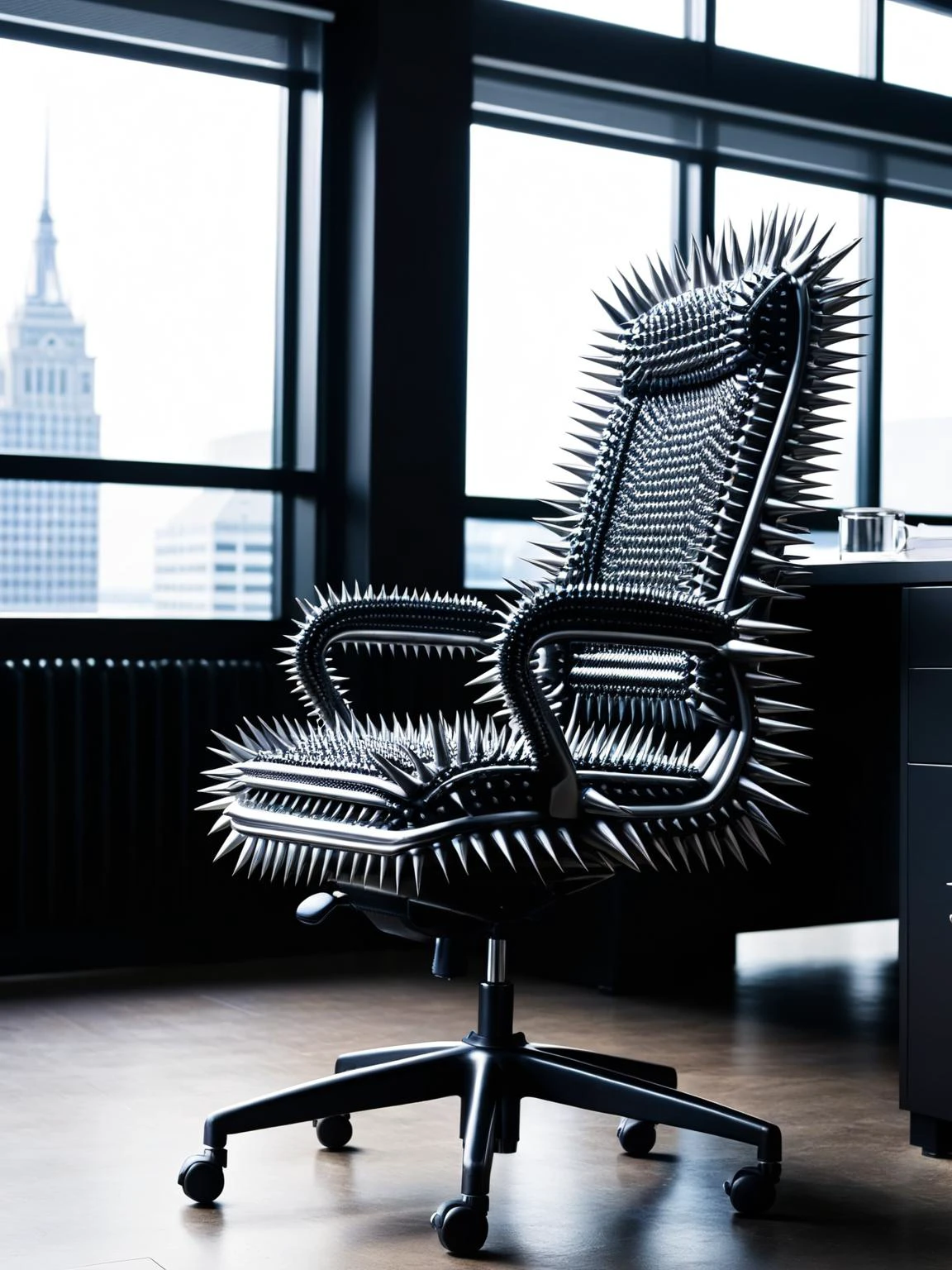 An office chair upgraded with ral-spikes, giving a whole new meaning to 'sitting on the edge of your seat' during a board meeting <lora:ral-spikes-sdxl:1> <lora:EnvyBetterHiresFixXL01:0:hr=1>