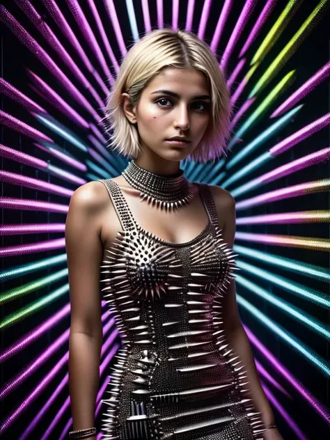 analog photo, dark shot, low key, action, (a intelligent afghan girl, 20 years old:1.1), strawberry wearing futuristic ral-spikes dress, blonde pixie bob hair, huge tits, fit, reflections on the wall background, abstraction atmosphere, (prismatic, holographic:1.2), sparkles, neon pixels, (neon light:1.1), chaotic, fashion magazine, (intricate details:0.9), (hdr, hyperdetailed:1.2) <lora:ral-spikes-sdxl:1>