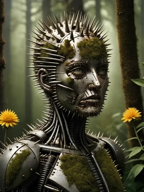 film filter, Hyper-realistic, halfbody shot of a android, lost in forest, scifi , old prosthetics , covered in lush, wild flowers and nature, cracked face, illuminated, rusted old metal, realistic, elegance, sophisticated, moss, (photorealistic:1.5), iron face rust, detailed, realistic, hyper realistic, highly detailed, depth of field, 32k, aura of power, renaissance painting, slice of life, fine art painting, lush, classical realism, poster, Figurative, oil, unilalianism, Historical mystery <lora:ral-spikes-sdxl:1> ral-spikes