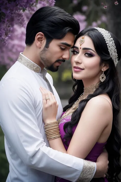 (masterpiece, top quality, best quality, official art, beautiful and aesthetic:1.2), a Pakistani couple in traditional wedding dress kissing in the park, extreme detailed,(abstract, fractal art:1.3), (purple_eyes:1.1),(black_hair:1.1), fate \(series\), colorful, highest detailed, fire, water, ice, lightning, snow and frost, light_particles, ghost, (splash_art), jewelry:1.4, <lora:ink-0.1-3-b28-bf16-D128-A1-1-ep64-768-DAdaptation-cosine:0.8> , scenery, ink, <lyco:GoodHands-beta2:1.0>