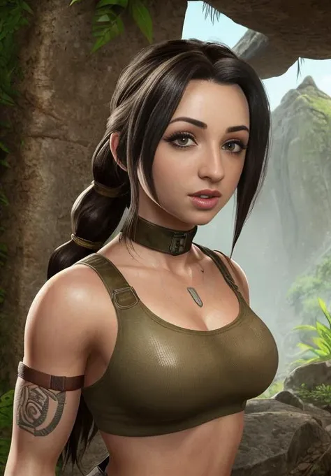 masterpiece, lifelike portrait of (gibiasmr) as lara croft tomb raider, white tank top and khaki shorts, (full body portrait), superhero, heroic pose, poster, wearing a choker, photo realistic, highly detailed, high resolution textures, detailed face, dramatic lighting, detailed eyes