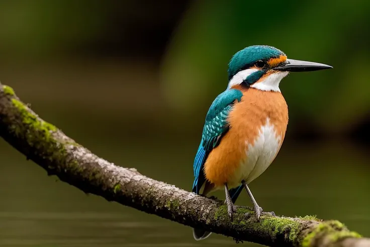 macro photo of kingfisher on a branch above the water's edge, masterpiece, best quality, photograph, dreamlike, face focus, sharp focus, photography, photorealism, photorealistic, 8k, soft focus, glowing eyes, volumetric light, misty, <lora:add_detail:1>
