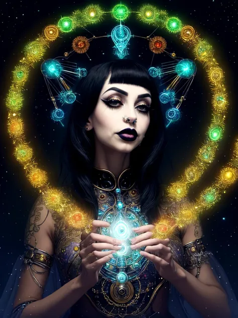 best quality, masterpiece, jp-GG1-800 1girl, solo, (full body:0.6), eyes closed, detailed background, detailed face, (<lora:DonMASKTex:0.4>, energy tubes, rotators, DonMASKTex theme:1.1), techno-shaman, serene expression, transcendent demeanor wearing shamanic attire, techwear, decorative circuits, ceremonial chrome talisman, merging of ancient rituals and engineering, digital vision quest, , nature-infused technology, flickering neon lights, ethereal atmosphere, <lora:detail_slider_v4:2