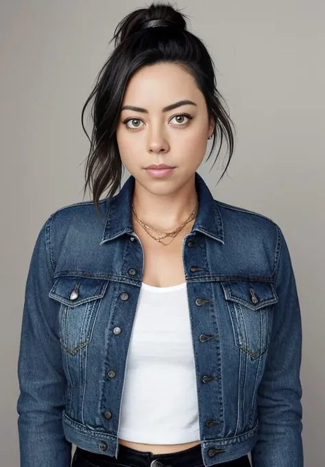 masterpiece, lifelike portrait of AubreyPlaza <lora:AubreyPlaza:1> in a cropped denim jacket, ponytail, black leggings, highly detailed, detailed face, dramatic lighting, detailed eyes