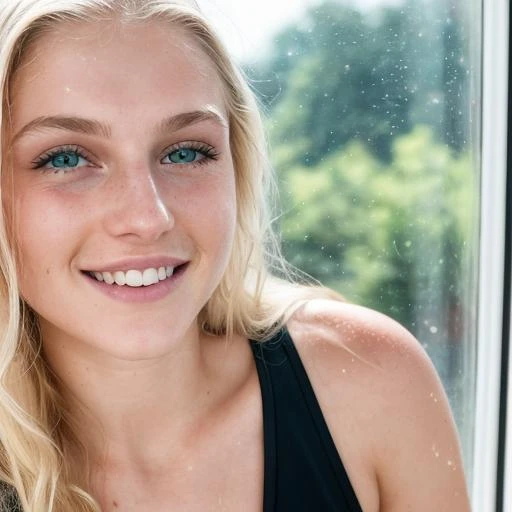 RAW photo, (extreme close up:1.2) portrait photo of a pale 18yo blond woman with perfect face, perfect teeth, perfect green eyes, long hair, bracelets, sweaty, lustful, erotic, sweaty, natural skin, natural sunlight coming from window, dynamic photo, 8k uhd, high quality, film grain, Fujifilm XT3, filling the frame <lora:add_detail:0.3>