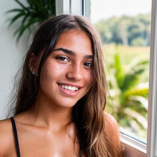 RAW photo, (extreme close up:1.2) portrait photo of a 18yo islander woman with perfect face, perfect teeth, perfect eyes, long hair, bracelets, sweaty, lustful, erotic, sweaty, natural skin, natural sunlight coming from window, dynamic photo, 8k uhd, high quality, film grain, Fujifilm XT3, filling the frame <lora:add_detail:0.3>