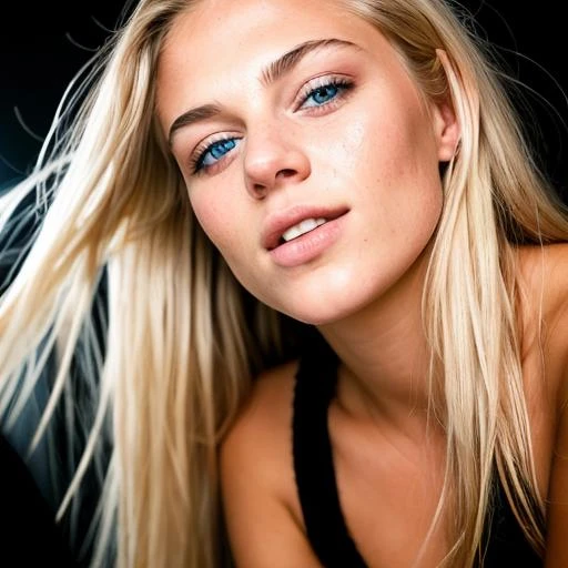 RAW photo, (extreme close up:1.2) portrait photo of an 18yo blond woman with perfect face, perfect teeth, perfect blue eyes, long hair, bracelets, sweaty, lustful, erotic, sweaty, natural skin, shadow, darkness, dark room, photo taken with flash, nightclub lighting, dynamic photo, 8k uhd, high quality, film grain, Fujifilm XT3, filling the frame  <lora:add_detail:0.3>