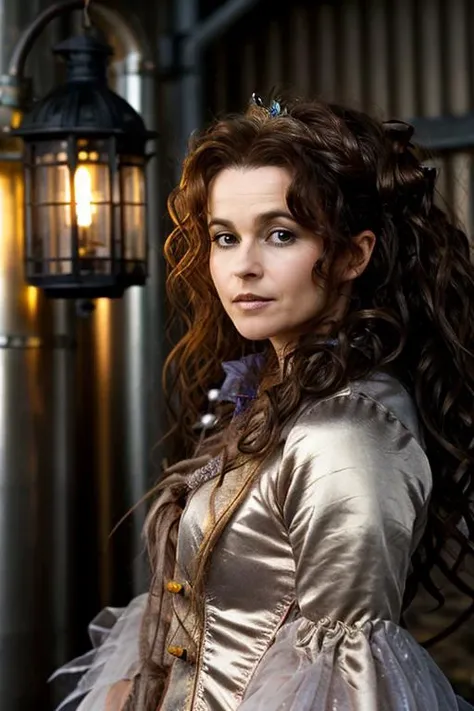 <lora:Helena_Bonham_Carter:1> 1woman, solo, mature hb1873c, , brown_hair, wavy hair, messy hair, fairy tale costume ,  industrial , evening