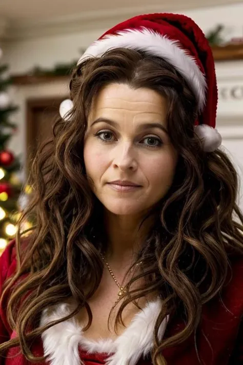 mrs santa claus, santas grotto, north pole, elves, snowmen, candy canes, snow, icicles, <lora:Helena_Bonham_Carter:1> 1girl, solo, a mature 40 year old hb1873c, brown hair, wavy,messy,up do, hair, masterpiece,best quality, detailed face