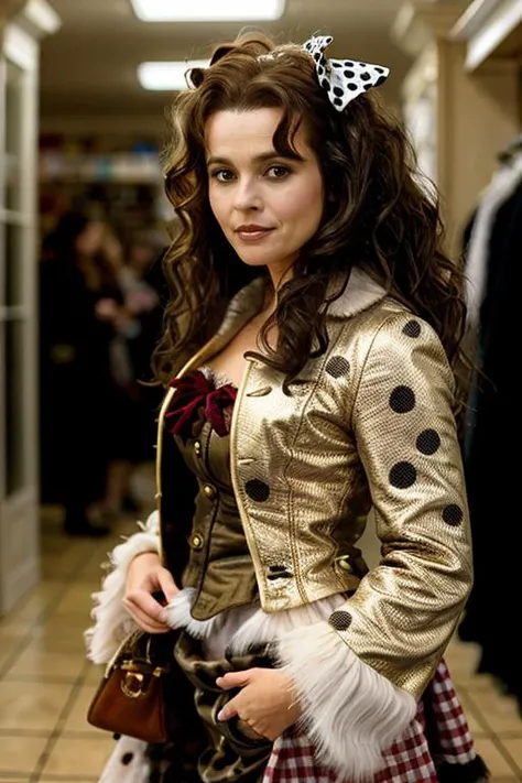 <lora:Helena_Bonham_Carter:1> 1woman, solo, mature hb1873c, , brown_hair, wavy hair, messy hair, dalmatian costume ,  shop , night