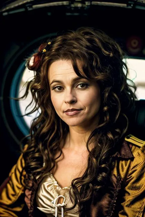 <lora:Helena_Bonham_Carter:1> 1woman, solo, mature hb1873c, , brown_hair, wavy hair, messy hair, clown costume , cockpit , night
