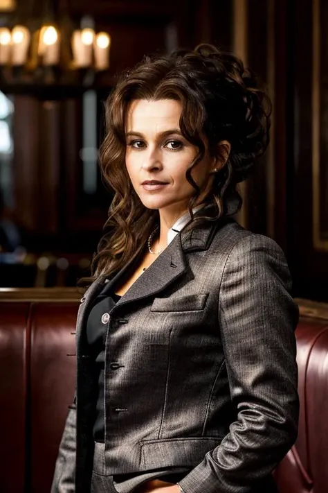 masterpiece,best quality, detailed face, business suit, in a restaurant,<lora:Helena_Bonham_Carter:1> 1girl, solo, a mature 40 year old hb1873c, brown hair, wavy,messy,up do, hair,
