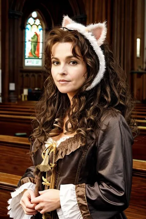 <lora:Helena_Bonham_Carter:1> 1woman, solo, mature hb1873c, , brown_hair, wavy hair, messy hair, cat costume , church , evening