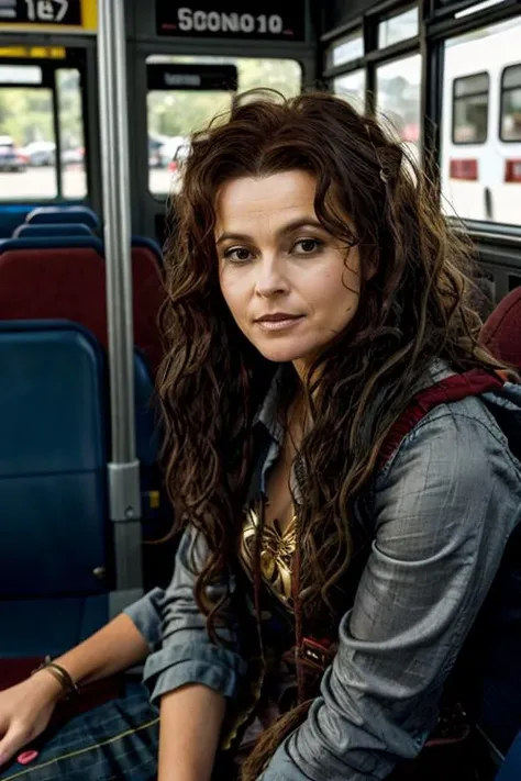 <lora:Helena_Bonham_Carter:1> 1woman, solo, mature hb1873c, , brown_hair, wavy hair, messy hair, spider-woman costume , bus interior , day