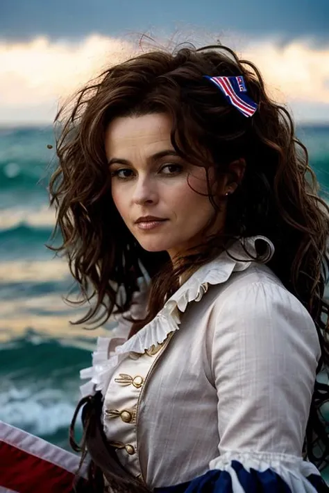 <lora:Helena_Bonham_Carter:1> 1woman, solo, mature hb1873c, , brown_hair, wavy hair, messy hair, patriotic costume , ocean , night