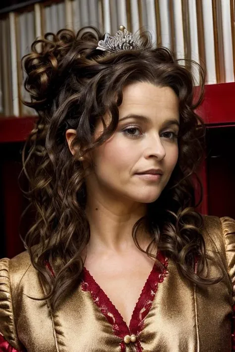 masterpiece,best quality, detailed face, santa outfit, in a chocolate factory,<lora:Helena_Bonham_Carter:1> 1girl, solo, a mature 40 year old hb1873c, brown hair, wavy,messy,up do, hair,