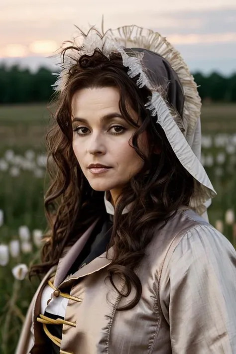 <lora:Helena_Bonham_Carter:1> 1woman, solo, mature hb1873c, , brown_hair, wavy hair, messy hair, nun costume , spring , dusk