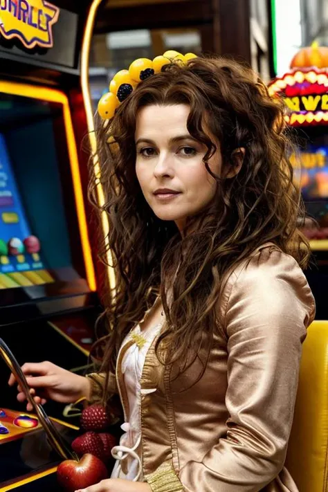 <lora:Helena_Bonham_Carter:1> 1woman, solo, mature hb1873c, , brown_hair, wavy hair, messy hair, fruits costume , arcade , day