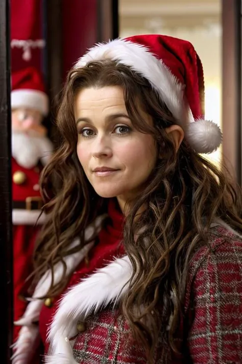 mrs santa claus, santas grotto, north pole, elves, snowmen, candy canes, snow, icicles, <lora:Helena_Bonham_Carter:1> 1girl, solo, a mature 40 year old hb1873c, brown hair, wavy,messy,up do, hair, masterpiece,best quality, detailed face
