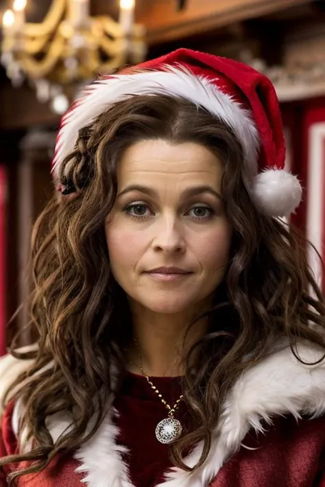 mrs santa claus, santas grotto, north pole, elves, snowmen, candy canes, snow, icicles, <lora:Helena_Bonham_Carter:1> 1girl, solo, a mature 40 year old hb1873c, brown hair, wavy,messy,up do, hair, masterpiece,best quality, detailed face