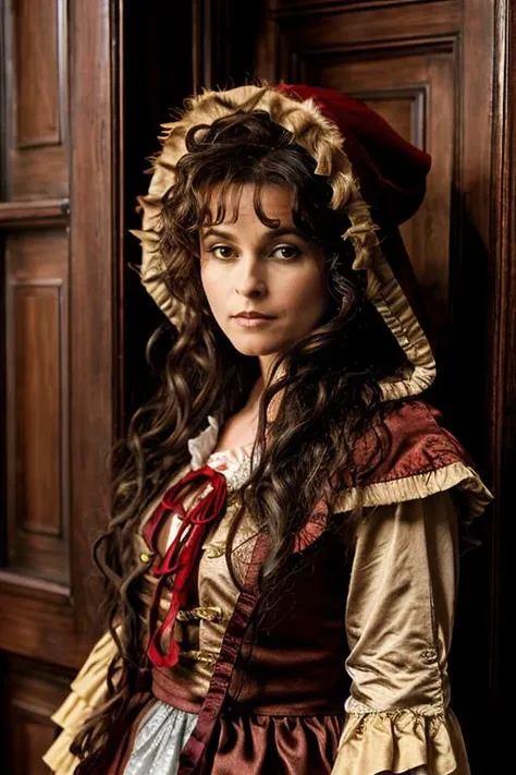 <lora:Helena_Bonham_Carter:1> 1woman, solo, mature hb1873c, , brown_hair, wavy hair, messy hair, little red riding hood costume ,  house , dusk