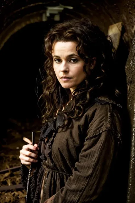 <lora:Helena_Bonham_Carter:1> 1woman, solo, mature hb1873c, , brown_hair, wavy hair, messy hair, convict costume , dark tunnel , night