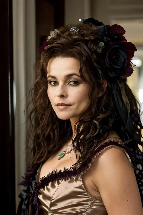 <lora:Helena_Bonham_Carter:1> 1woman, solo, mature hb1873c, , brown_hair, wavy hair, messy hair, day of the dead costume ,  salon , evening