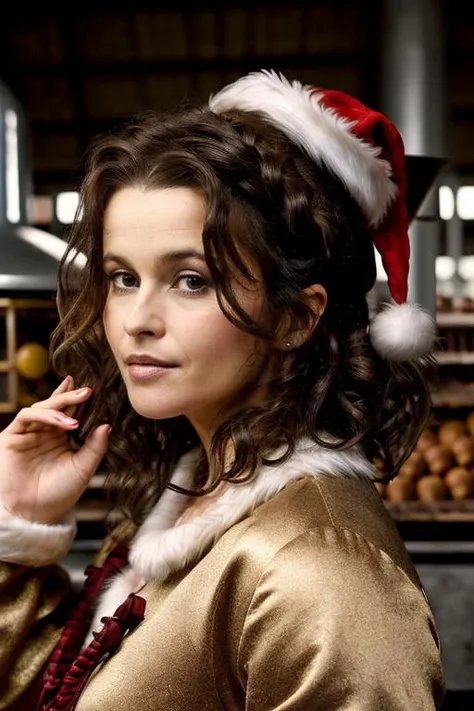 masterpiece,best quality, detailed face, santa outfit, in a chocolate factory,<lora:Helena_Bonham_Carter:1> 1girl, solo, a mature 40 year old hb1873c, brown hair, wavy,messy,up do, hair,