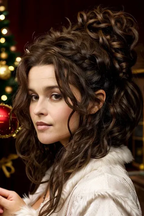 masterpiece,best quality, detailed face, santa outfit, in a chocolate factory,<lora:Helena_Bonham_Carter:1> 1girl, solo, a mature 40 year old hb1873c, brown hair, wavy,messy,up do, hair,
