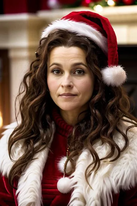 mrs santa claus, santas grotto, north pole, elves, snowmen, candy canes, snow, icicles, <lora:Helena_Bonham_Carter:1> 1girl, solo, a mature 40 year old hb1873c, brown hair, wavy,messy,up do, hair, masterpiece,best quality, detailed face