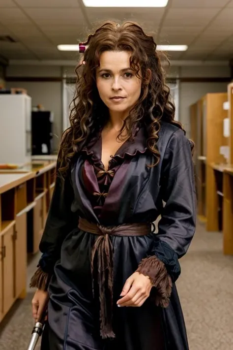 <lora:Helena_Bonham_Carter:1> 1woman, solo, mature hb1873c, , brown_hair, wavy hair, messy hair, ninja costume ,  staff room , day