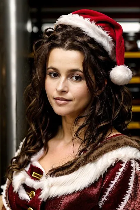 masterpiece,best quality, detailed face, santa outfit, in a chocolate factory,<lora:Helena_Bonham_Carter:1> 1girl, solo, a mature 40 year old hb1873c, brown hair, wavy,messy,up do, hair,