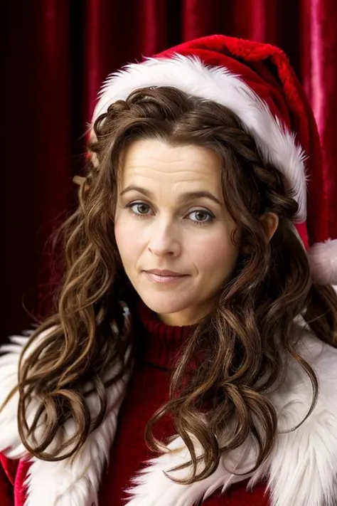 mrs santa claus, santas grotto, north pole, elves, snowmen, candy canes, snow, icicles, <lora:Helena_Bonham_Carter:1> 1girl, solo, a mature 40 year old hb1873c, brown hair, wavy,messy,up do, hair, masterpiece,best quality, detailed face