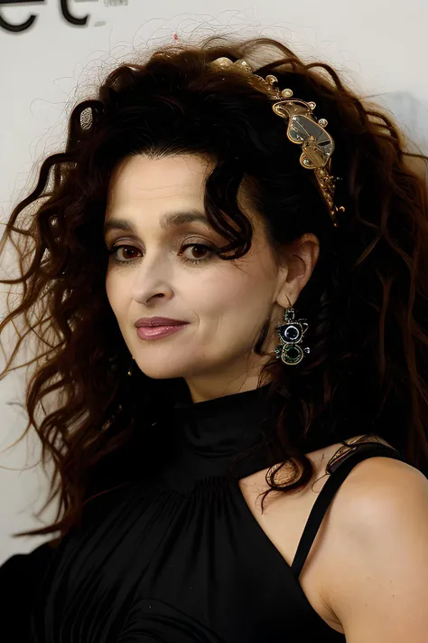 <lora:Helena_Bonham_Carter:1> hb1873c, woman, 40 years old, close-up, long hair, curly hair, elegeant black dress, makeup, earrings, jewelry