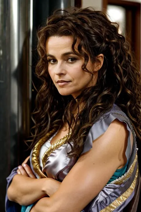 <lora:Helena_Bonham_Carter:1> 1woman, solo, mature hb1873c, , brown_hair, wavy hair, messy hair, greek costume , gym , dusk