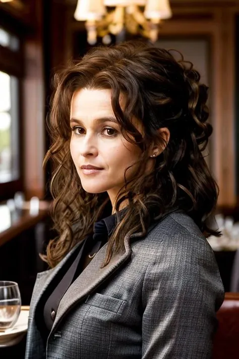 masterpiece,best quality, detailed face, business suit, in a restaurant,<lora:Helena_Bonham_Carter:1> 1girl, solo, a mature 40 year old hb1873c, brown hair, wavy,messy,up do, hair,