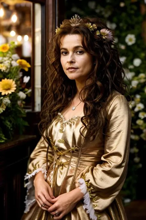 <lora:Helena_Bonham_Carter:1> 1woman, solo, mature hb1873c, , brown_hair, wavy hair, messy hair, queen costume , flower shop , dusk
